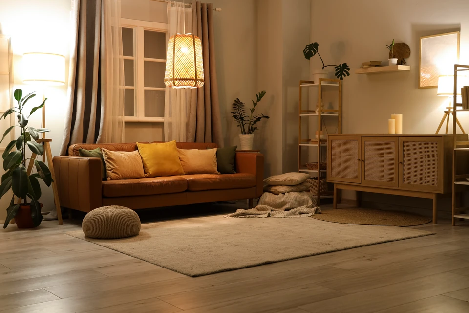 Photographie d'un salon-séjour contemporain aménagé sur mesure. Grand meuble TV ou bibliothèque laqué gris clair avec étagères intégrées en bois naturel, casiers ouverts contenant livres et objets de décoration. Base de meuble en bois clair, façades minimalistes sans poignées apparentes, éclairage LED discret intégré. Canapé gris anthracite ou taupe en arrière-plan contre mur clair. Sol en parquet gris ou carrelage grand format. Perspective permettant d'apprécier la qualité des finitions, l'intégration fonctionnelle et l'ambiance élégante et épurée de l'aménagement sur mesure.