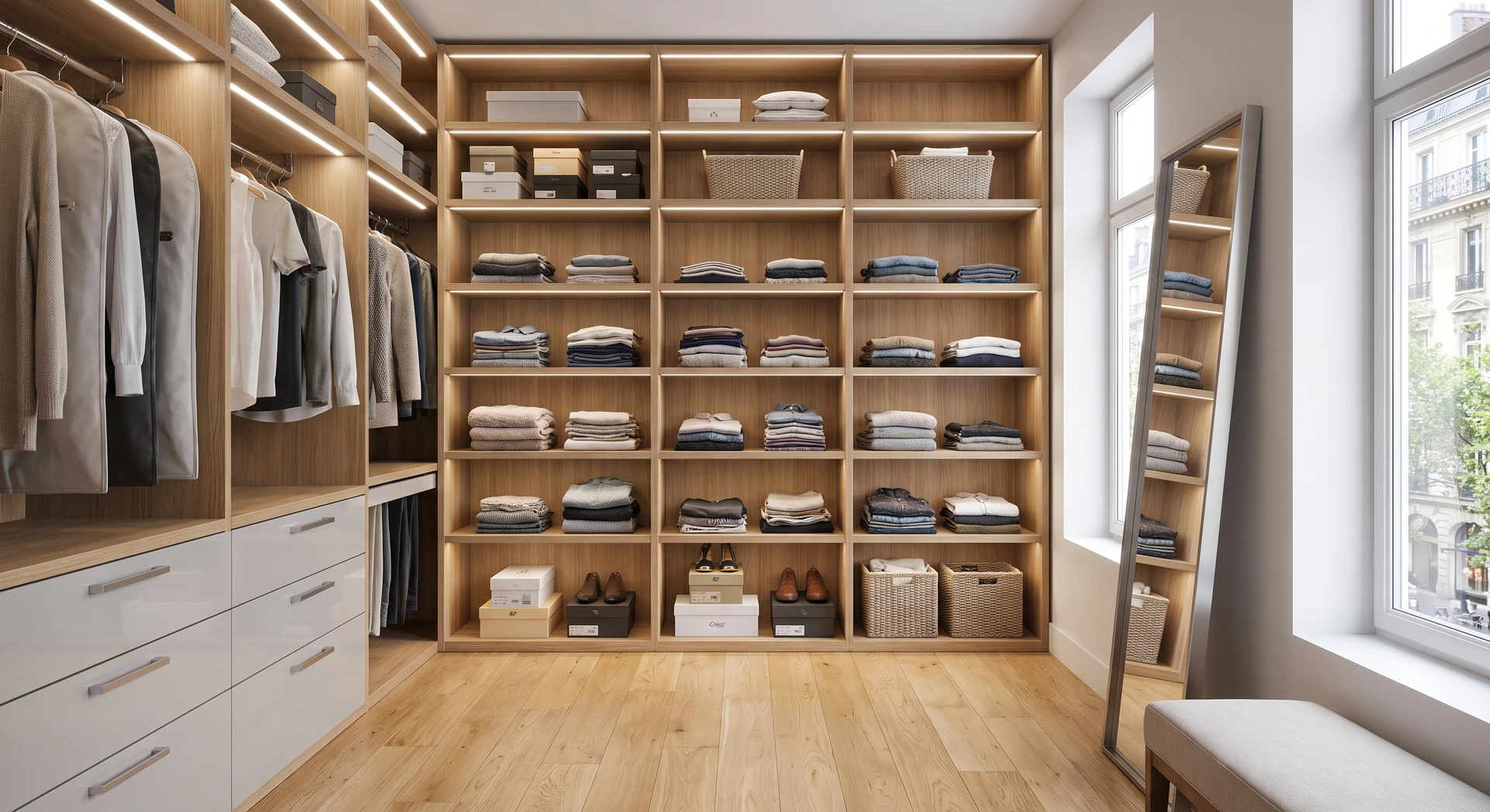 Photographie d'un dressing contemporain sur mesure vue frontale. Paroi arrière complète avec systèmes de rangement intégrés : penderies avec tringles chromées, étagères en bois naturel ou laqué gris clair recevant des pulls pliés et accessoires, casiers ouverts avec boîtes de rangement minimalistes, tiroirs laqués avec poignées en aluminium brossé. Base de meuble en bois clair ou laqué. Éclairage LED discret intégré dans les étagères. Sol en parquet ou carrelage gris clair. Ambiance claire, minimaliste, incarnant le sur-mesure et la fonctionnalité. Aucune personne visible, perspective permettant d'apprécier l'organisation et la qualité des finitions.